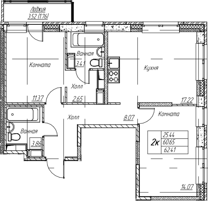 2-комнатная квартира 62.41 м², 4/22 эт., ЖК «Парк-квартал Юнтолово»